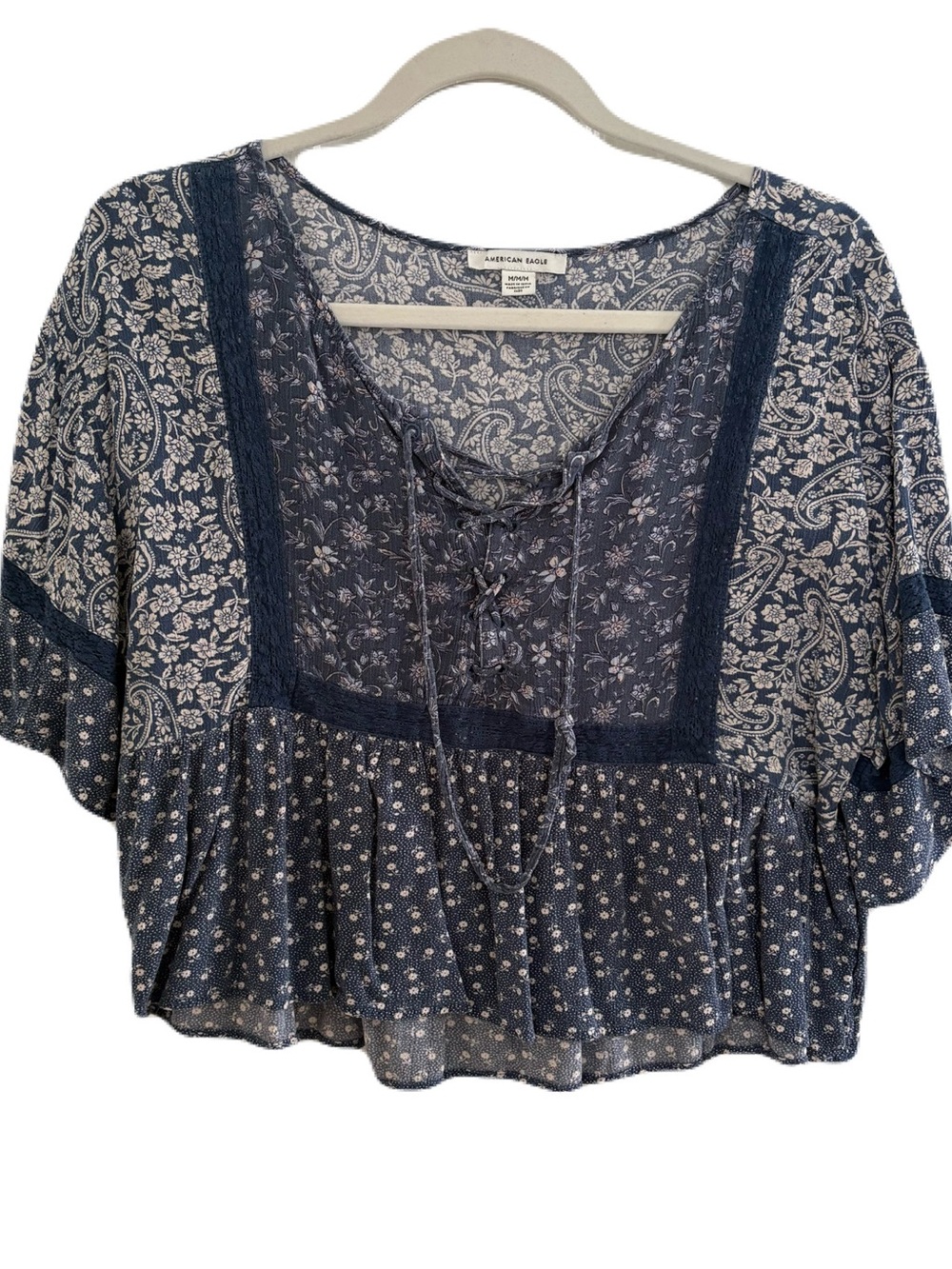 American Eagle Outfitters Navy Paisley Lace-Up Peasant Blouse